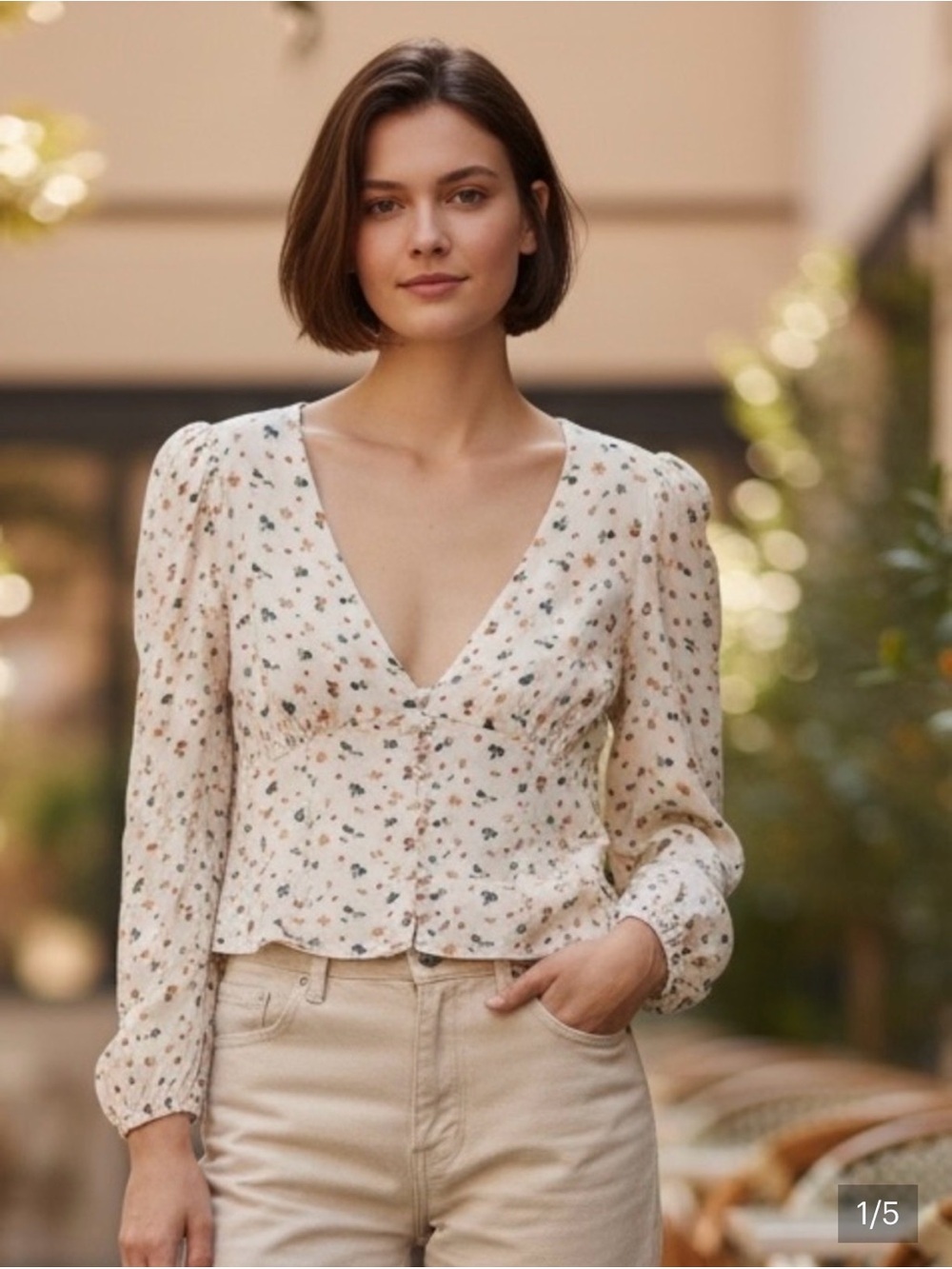 Reformation Cream Floral V-Neck Puff Sleeve Blouse